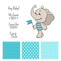 Baby boy elephant blue design with seamless patterns Royalty Free Stock Photo