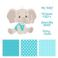 Baby boy elephant design with seamless patterns Royalty Free Stock Photo