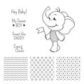 Baby boy elephant outline design with seamless patterns Royalty Free Stock Photo