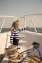 Baby boy enjoy vacation sea cruise ship. Child sailor. Boy sailor travelling sea. Boy sailor striped shirt sea yacht