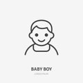 Baby boy flat line icon. Vector outline illustration of little kid avatar. Black color thin linear sign for children Royalty Free Stock Photo