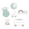 Baby boy and girl design elements and decor. Newborn announcement cards