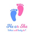 Baby boy and girl footprints, blue and pink colors. Gender reveal party invitation card or banner. He or she concept Royalty Free Stock Photo