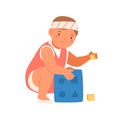 Baby boy or girl playing educational toy. Little cute toddler with constructor. Happy infant with development game. Flat