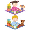 Baby boy and girl sit on the carpet with toys