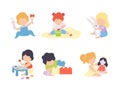 Baby Boy and Girl Sitting on the Floor and Playing Toys in Nursery and in Sandpit Vector Set