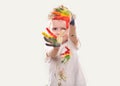 The baby boy with gouache soiled hands and shirt isolated Royalty Free Stock Photo