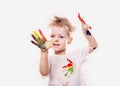 The baby boy with gouache soiled hands and shirt isolated Royalty Free Stock Photo