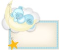 Baby boy label teddy bear sleeping on a moon Royalty Free Stock Photo