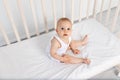 Baby boy 8 months old sitting in a crib in a children`s room in white clothes and looking at the camera, the morning of the baby Royalty Free Stock Photo