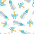 Baby boy newborn seamless pattern. Pacifiers and baby feed bottles . Motherhood and childhood vector icons background.