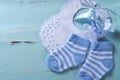 Baby boy nursery blue and white socks and bib