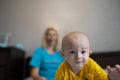 Baby boy playing with his mom, copy space Royalty Free Stock Photo