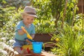 Baby boy is playing with kids garden tools outdoors Royalty Free Stock Photo