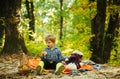 Baby boy playing with teddy. Child concept. Small boy enjoy childhood years. Every childhood matters. Carefree childhood Royalty Free Stock Photo