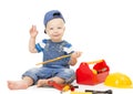 Baby Boy Playing Tools Toys, Child with Construction Tool Box