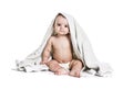 Baby boy portrait on white background with bath towel over his head Royalty Free Stock Photo