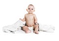 Baby boy portrait on white background with bath towel over his head Royalty Free Stock Photo