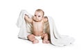 Baby boy portrait on white background with bath towel over his head Royalty Free Stock Photo
