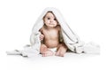 Baby boy portrait on white background with bath towel over his head Royalty Free Stock Photo