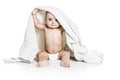 Baby boy portrait on white background with bath towel over his head Royalty Free Stock Photo