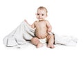 Baby boy portrait on white background with bath towel over his head Royalty Free Stock Photo