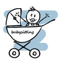 Baby boy in the pram, funny illustration, doodle, vector icon Royalty Free Stock Photo