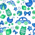 Baby boy seamless pattern. watercolor kids background with car ball pram and Baby bodysuit Royalty Free Stock Photo