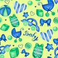 Baby boy seamless pattern. watercolor kids background with car ball pram and Baby bodysuit Royalty Free Stock Photo