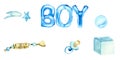 Baby boy set :watercolor elements : boy cartoon text, blue dummy, comet, blue cube, and ball Royalty Free Stock Photo