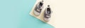 Baby boy shoes on pastel colors background, banner Royalty Free Stock Photo