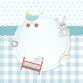 Baby boy shower or arrival card with a pram, rabbit toy, bottle Royalty Free Stock Photo