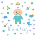 Baby boy shower card with bottle, horse, rattle, pacifier, sock, car toy, baby carriage iconset. Its a boy. Cartoon character.