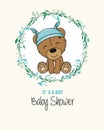 Baby boy shower card. Cute bear inside flower frame. Royalty Free Stock Photo