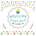 Baby boy shower card. Welcome baby boy. Baby boy arrival postcard. Baby shower greeting card Royalty Free Stock Photo