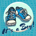 Baby boy shower congratulations vector postcard. Baby announcement in blue. It`s a boy with children shoes in circle. Royalty Free Stock Photo