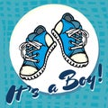 Baby boy shower congratulations vector postcard. Baby announcement in blue. It`s a boy with children shoes in circle. Royalty Free Stock Photo