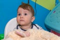 The baby boy sits in a chair and plays with a stuffed dog toy Royalty Free Stock Photo