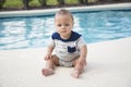 Baby boy sitting dangerously on the edge of a swimming pool Royalty Free Stock Photo