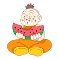 Baby boy is sitting eating fresh watermelon with gusto