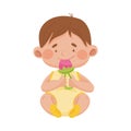 Baby Boy Sitting on the Floor Holding Rattle Toy Vector Illustration Royalty Free Stock Photo