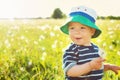 Baby boy sitting in grass on the fieald with dandelions