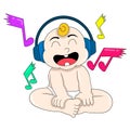 Baby boy is sitting laughing happily wearing headphones listening to classical music