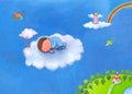 Baby boy sleeping in clouds in his blue pajamas