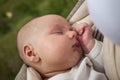 Baby boy sleeping in sling outdoors Royalty Free Stock Photo
