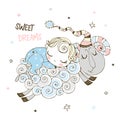 Baby boy is sleeping sweetly on a sheep. Baby shower. Sweet dream. Vector Royalty Free Stock Photo