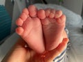 Baby boy small feet, no socks, little toes, playing in bed, blue stripes pijamas Royalty Free Stock Photo