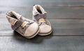 Baby boy blue shoes on blue color background, closeup view Royalty Free Stock Photo