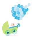 Baby boy stroller with balloon. Baby shower greeting card Royalty Free Stock Photo