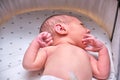 Baby boy in a stroller on a blue background. A naked child in only diapers is lying in a stroller, studio shot Royalty Free Stock Photo